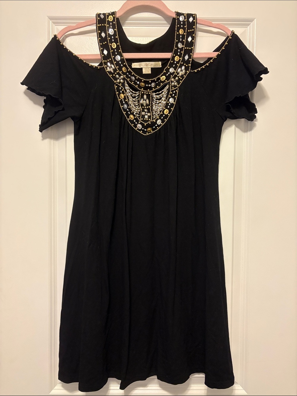 Boston Proper Black Cold-Shoulder Embellished Neckline Dress